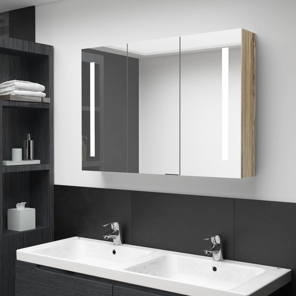 vidaXL Szafka łazienkowa z lustrem i LED, 89 x 14 x 62 cm, kolor dębu