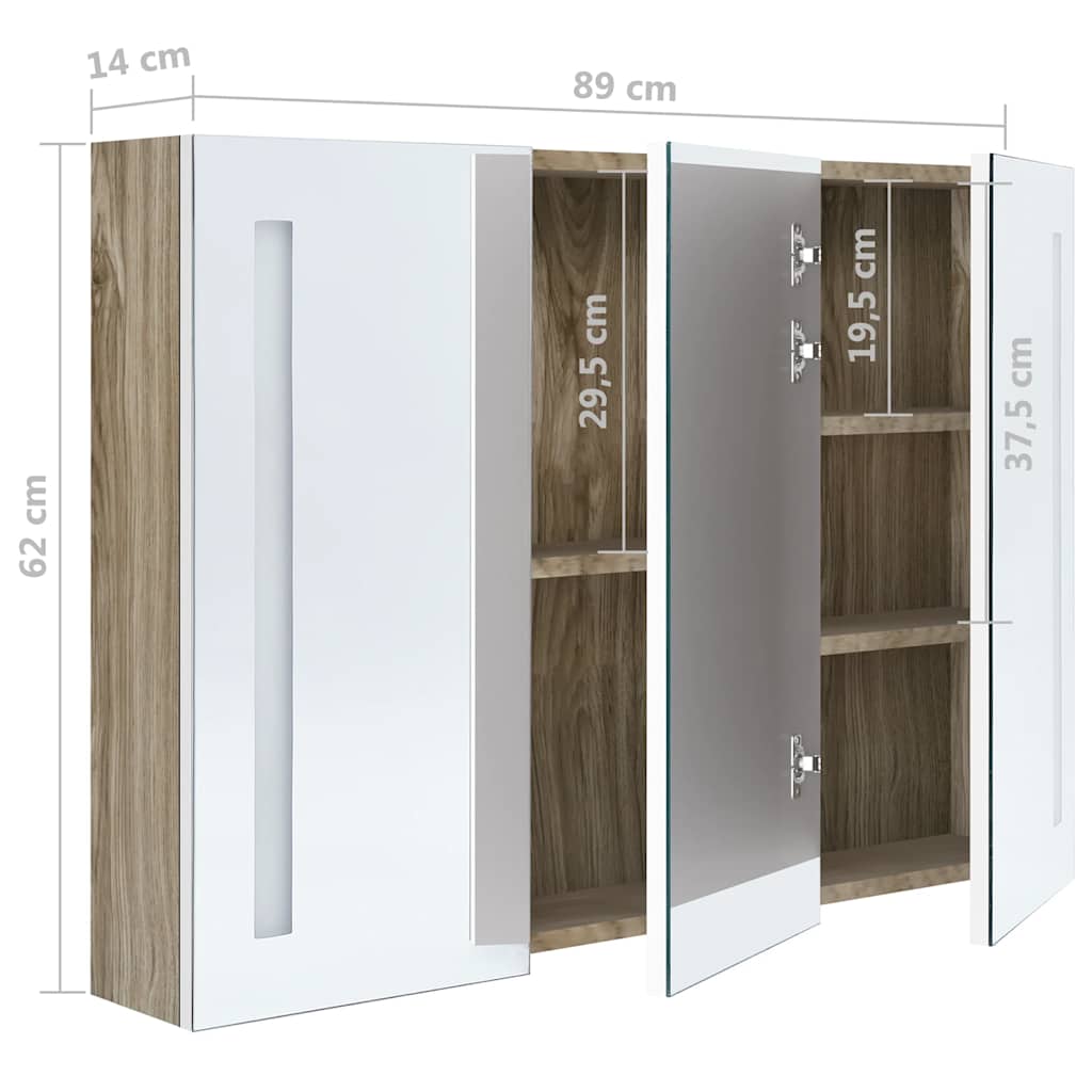 vidaXL Szafka łazienkowa z lustrem i LED, 89x14x62 cm, biało-dębowa