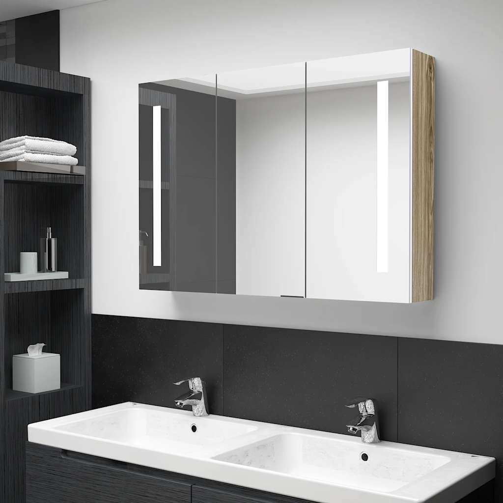vidaXL Szafka łazienkowa z lustrem i LED, 89x14x62 cm, biało-dębowa
