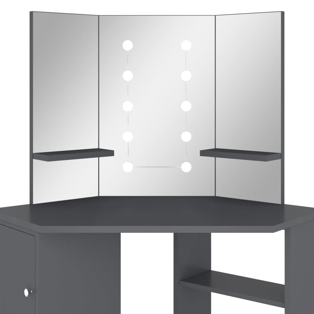 vidaXL Toaletka narożna z oświetleniem LED, szara, 111 x 54 x 141,5 cm