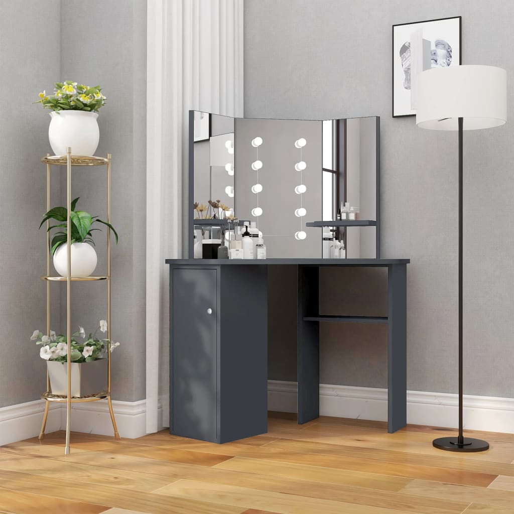 vidaXL Toaletka narożna z oświetleniem LED, szara, 111 x 54 x 141,5 cm