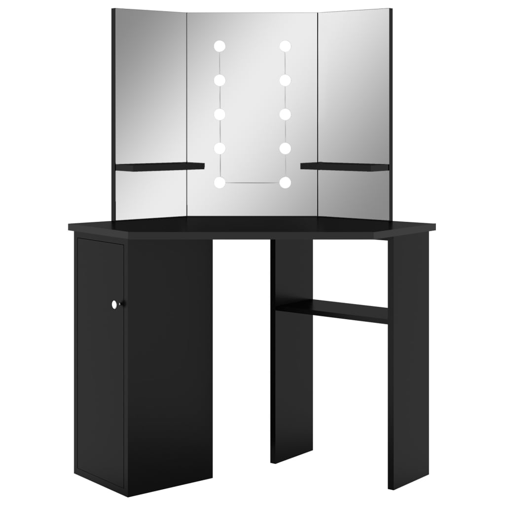 vidaXL Toaletka narożna z lampkami LED, czarna, 111 x 54 x 141,5 cm