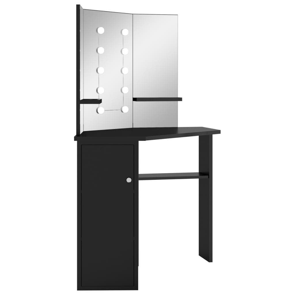 vidaXL Toaletka narożna z lampkami LED, czarna, 111 x 54 x 141,5 cm