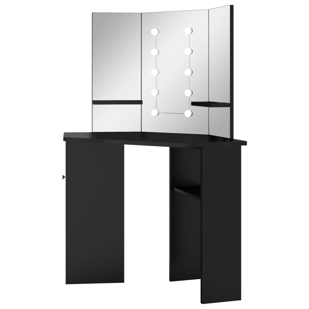 vidaXL Toaletka narożna z lampkami LED, czarna, 111 x 54 x 141,5 cm
