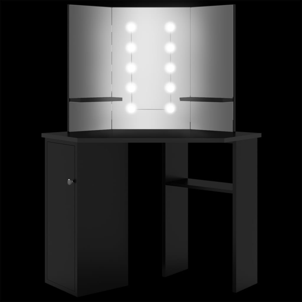 vidaXL Toaletka narożna z lampkami LED, czarna, 111 x 54 x 141,5 cm