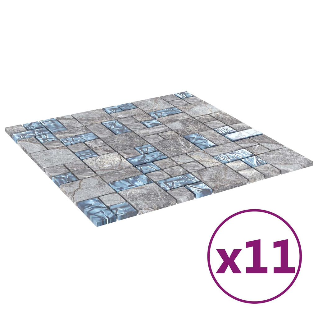 vidaXL Płytki mozaikowe 11 pcs Szary i Niebieski 50 x 50 cm Szkło