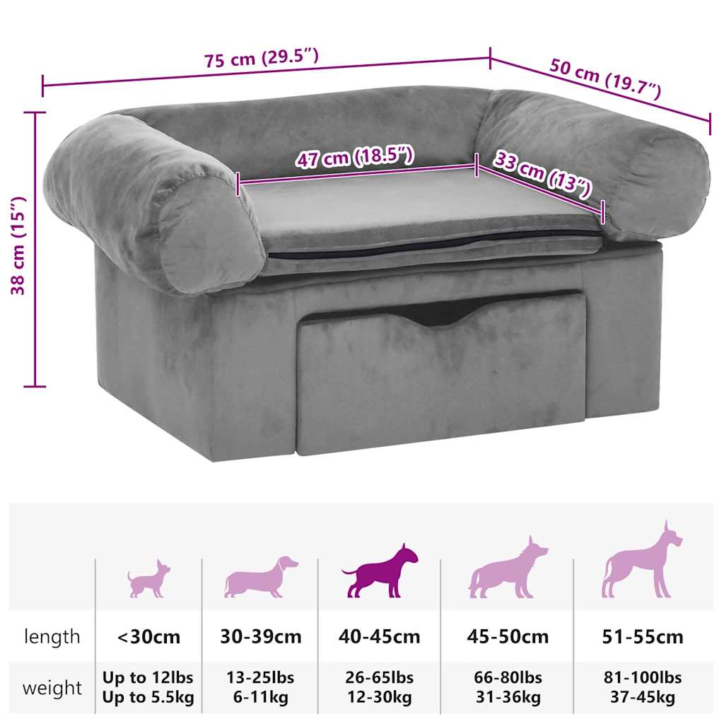 vidaXL Sofa dla psa, z szufladą, szara, 75x50x38 cm, pluszowa
