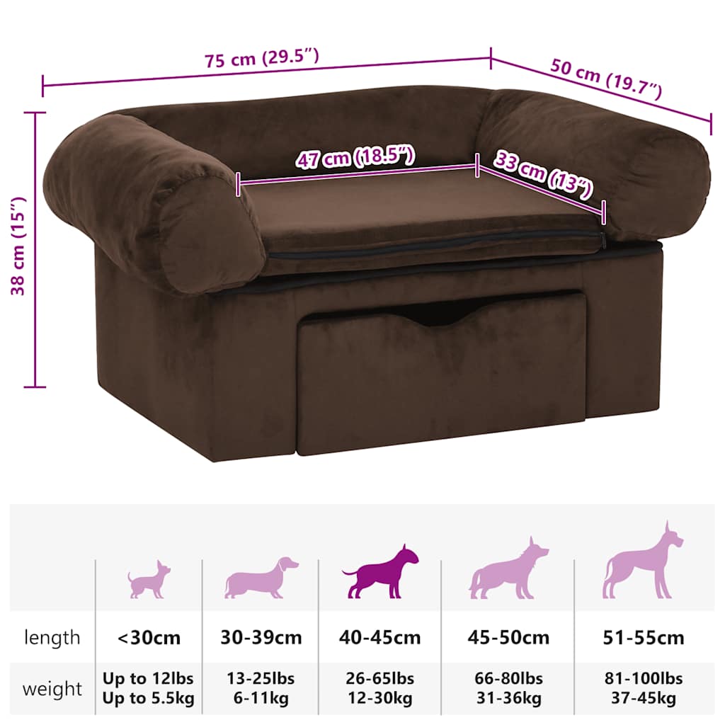 vidaXL Sofa dla psa, z szufladą, brązowa, 75x50x38 cm, pluszowa