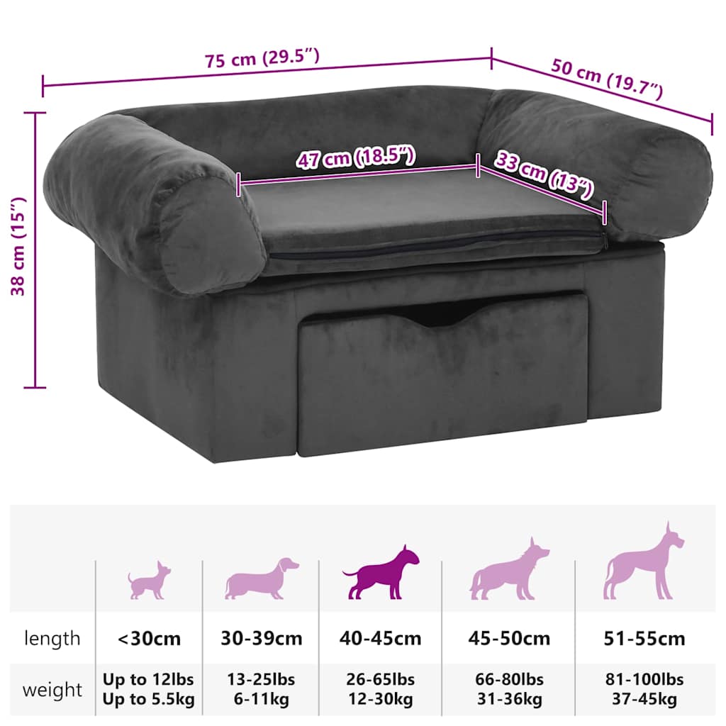 vidaXL Sofa dla psa, z szufladą, ciemnoszara, 75x50x38 cm, pluszowa