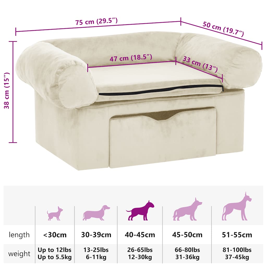 vidaXL Sofa dla psa, z szufladą, kremowa, 75x50x38 cm, pluszowa