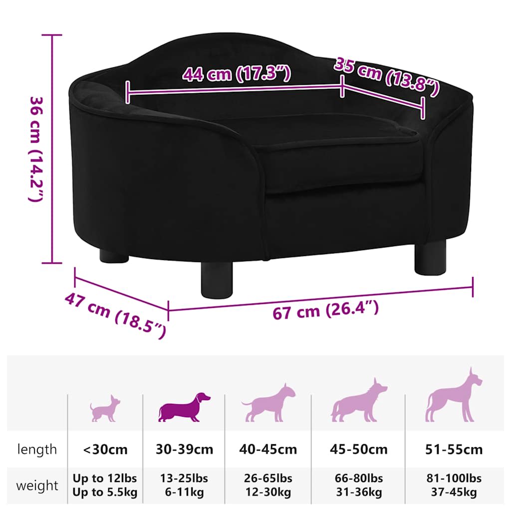 vidaXL Sofa dla psa, czarna, 67x47x36 cm, pluszowa