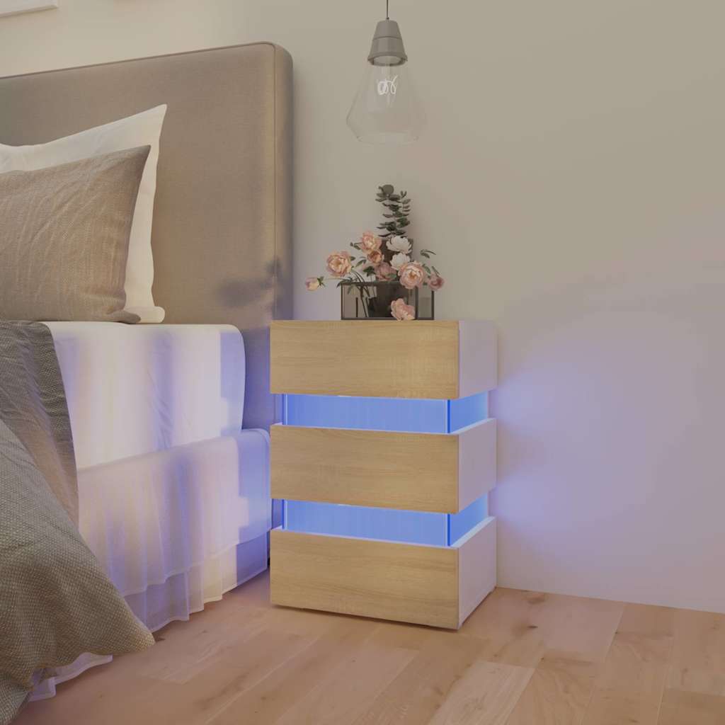vidaXL Szafka nocna z LED, biel i dąb sonoma, 45x35x67 cm