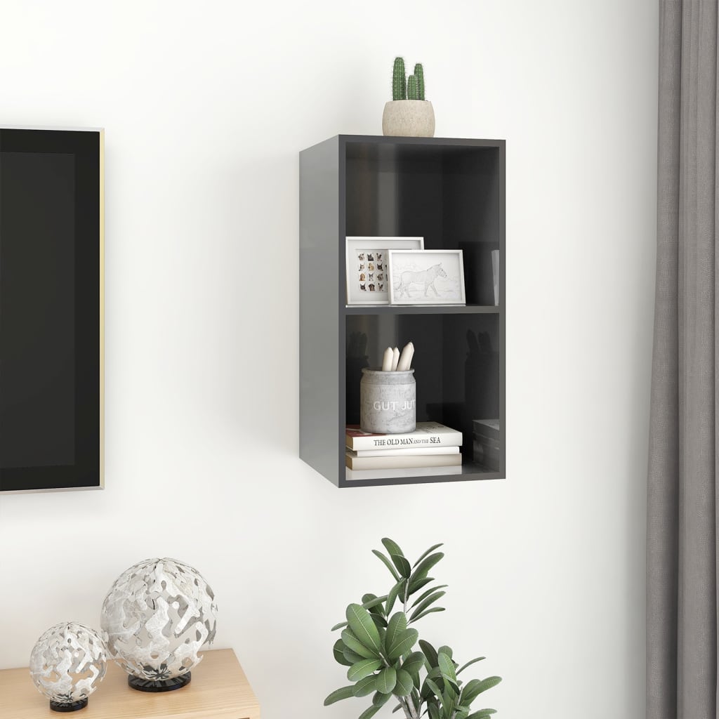 vidaXL Wisząca szafka pod TV, wysoki połysk, szara, 37x37x72 cm