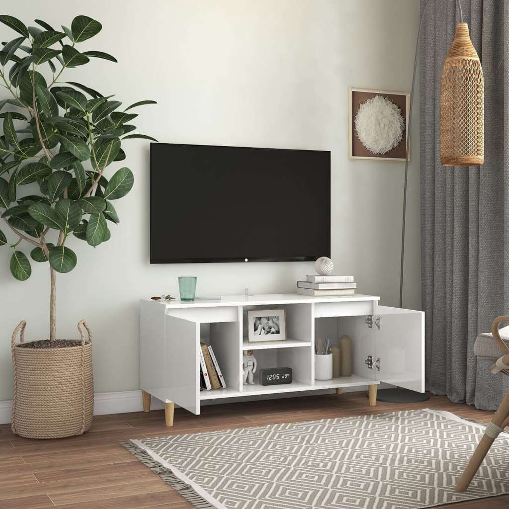 vidaXL Szafka TV z drewnianymi nóżkami, biała, połysk, 103,5x35x50 cm