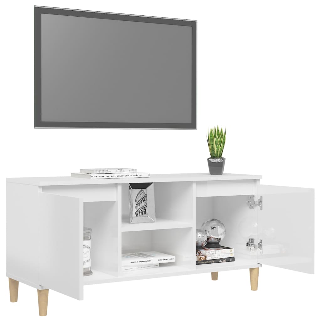 vidaXL Szafka TV z drewnianymi nóżkami, biała, połysk, 103,5x35x50 cm