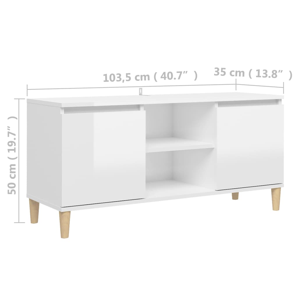vidaXL Szafka TV z drewnianymi nóżkami, biała, połysk, 103,5x35x50 cm