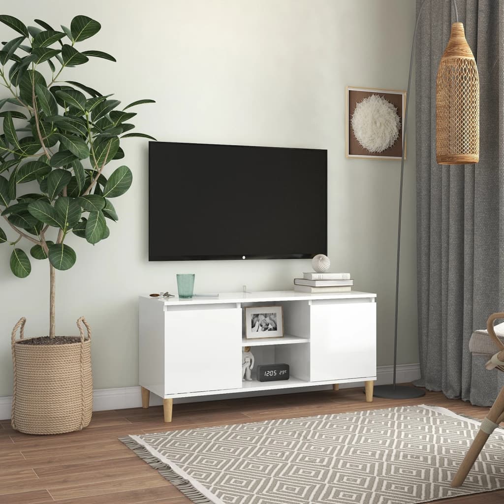 vidaXL Szafka TV z drewnianymi nóżkami, biała, połysk, 103,5x35x50 cm