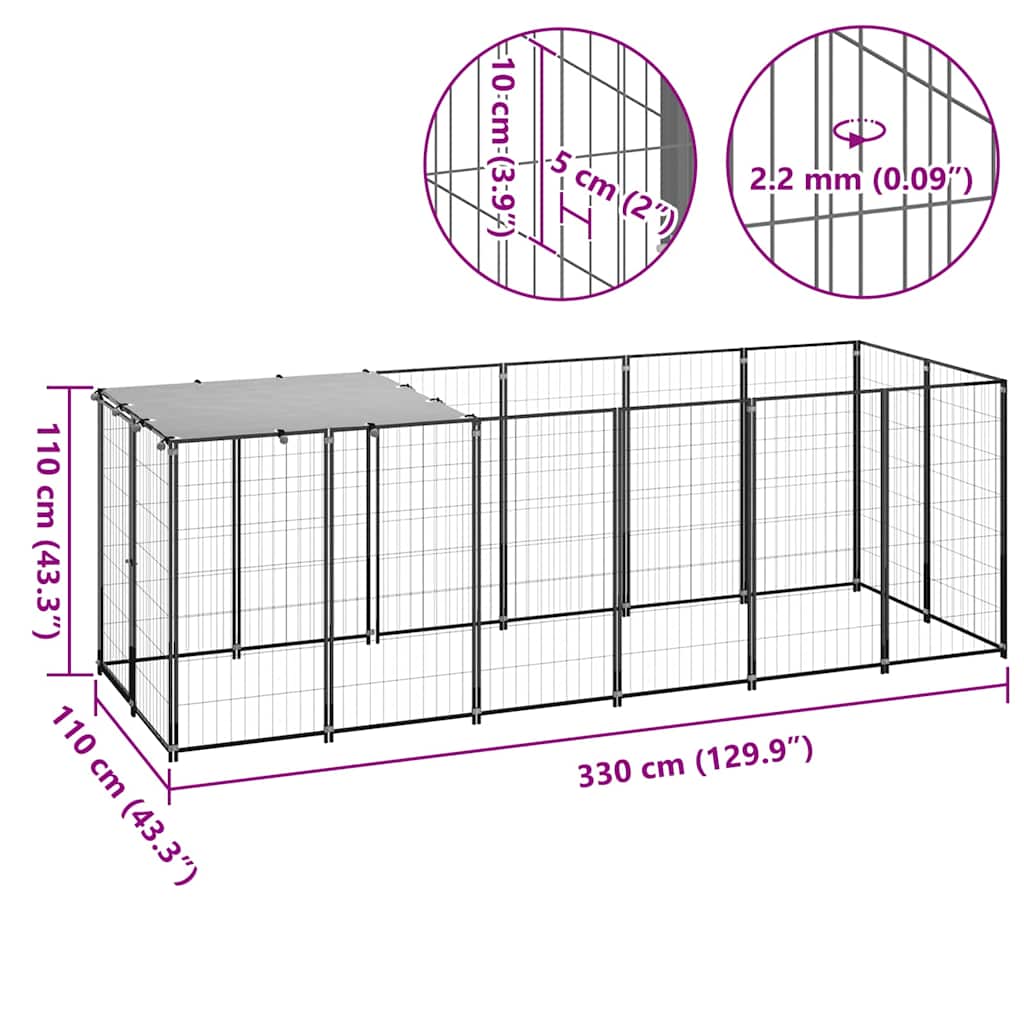vidaXL Kojec dla psa, czarny, 330x110x110 cm, stalowy