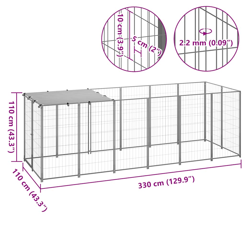 vidaXL Kojec dla psa, srebrny, 330x110x110 cm, stalowy