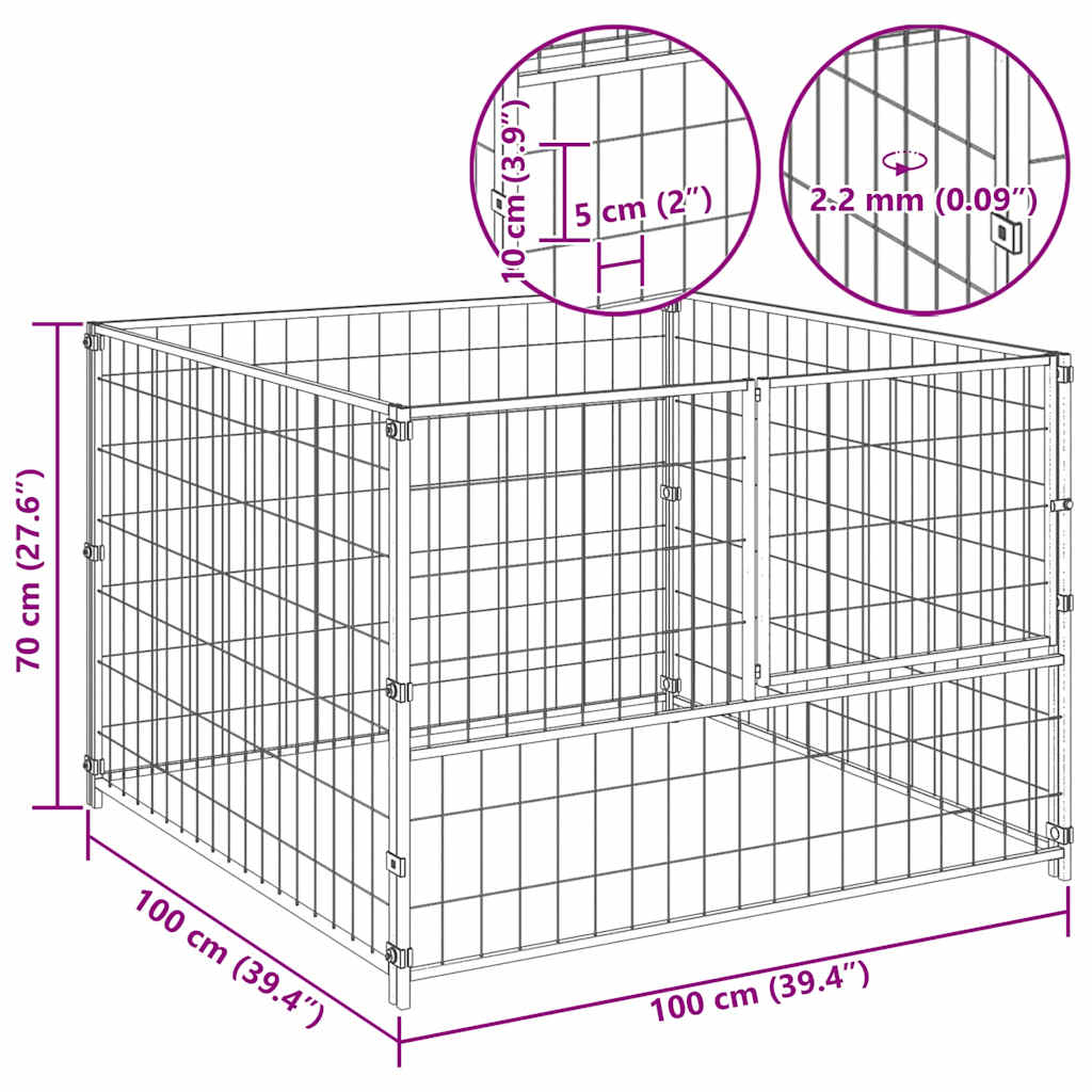 vidaXL Kojec dla psa, srebrny, 100x100x70 cm, stalowy