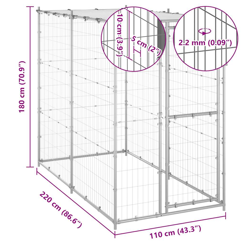 vidaXL Kojec dla psa z zadaszeniem, galwanizowana stal, 110x220x180 cm