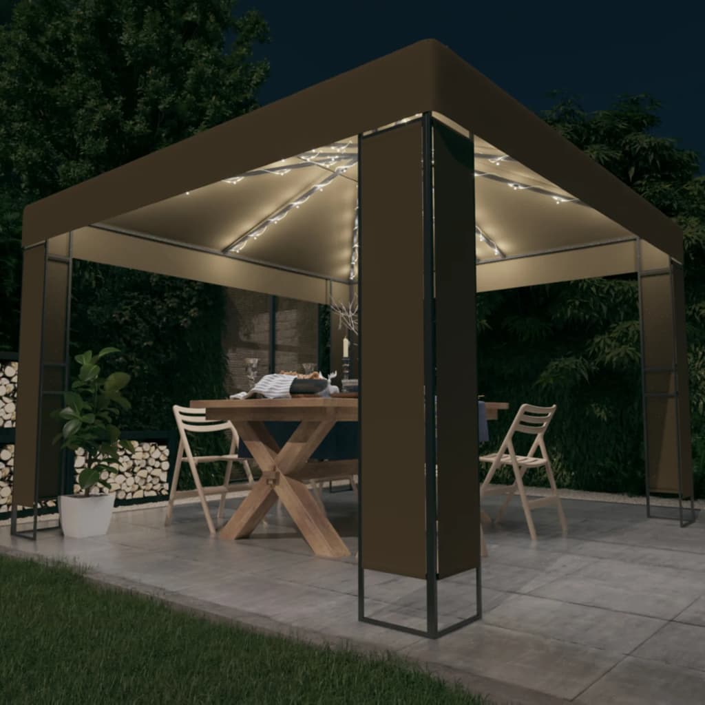 vidaXL Altana z podwójnym dachem i sznurem lampek LED 3x3x2,7 m, taupe