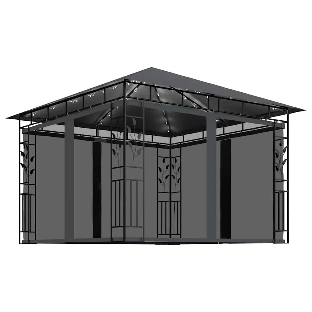 vidaXL Altana z moskitierą i sznurem lampek LED, 3x3x2,73 m, antracyt