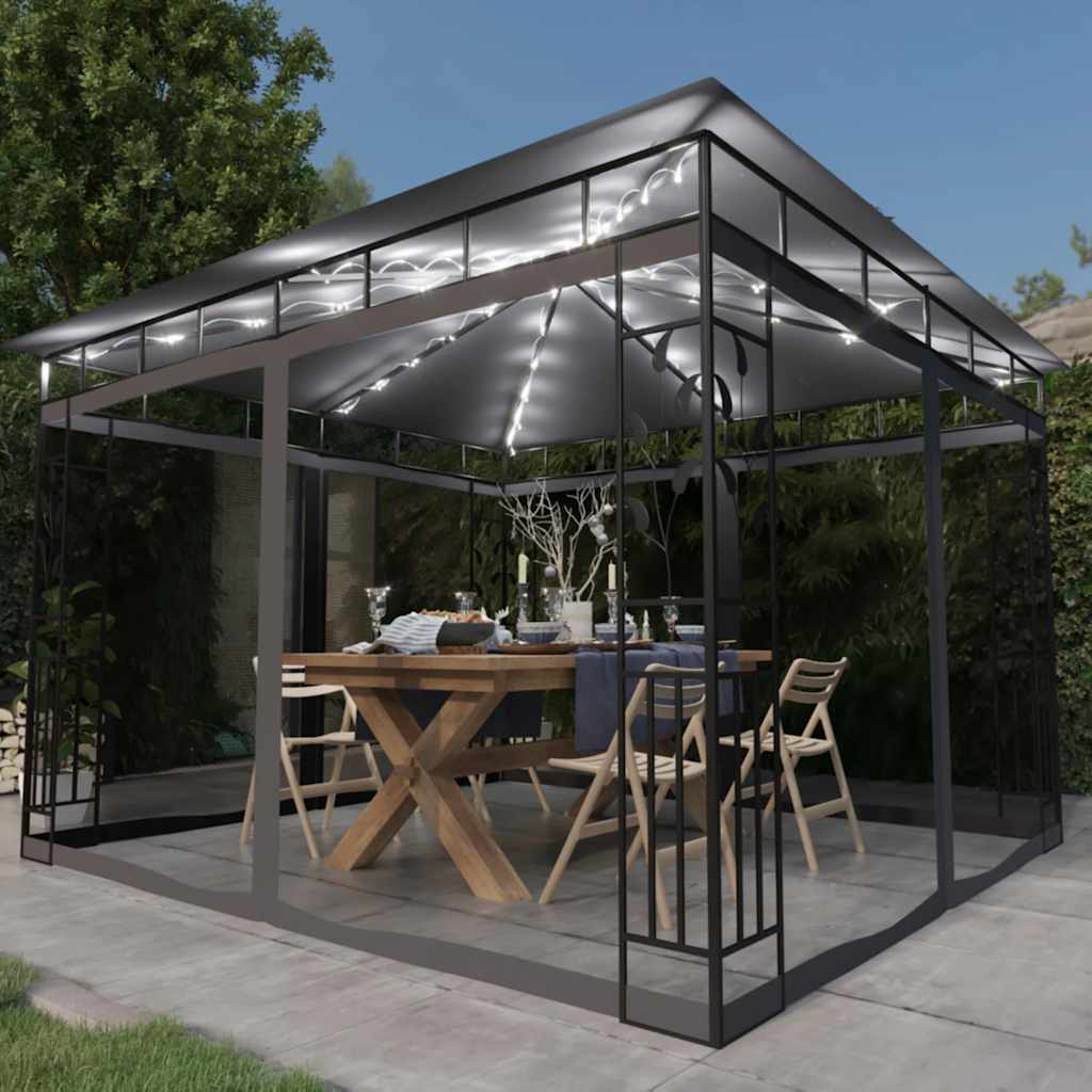 vidaXL Altana z moskitierą i sznurem lampek LED, 3x3x2,73 m, antracyt