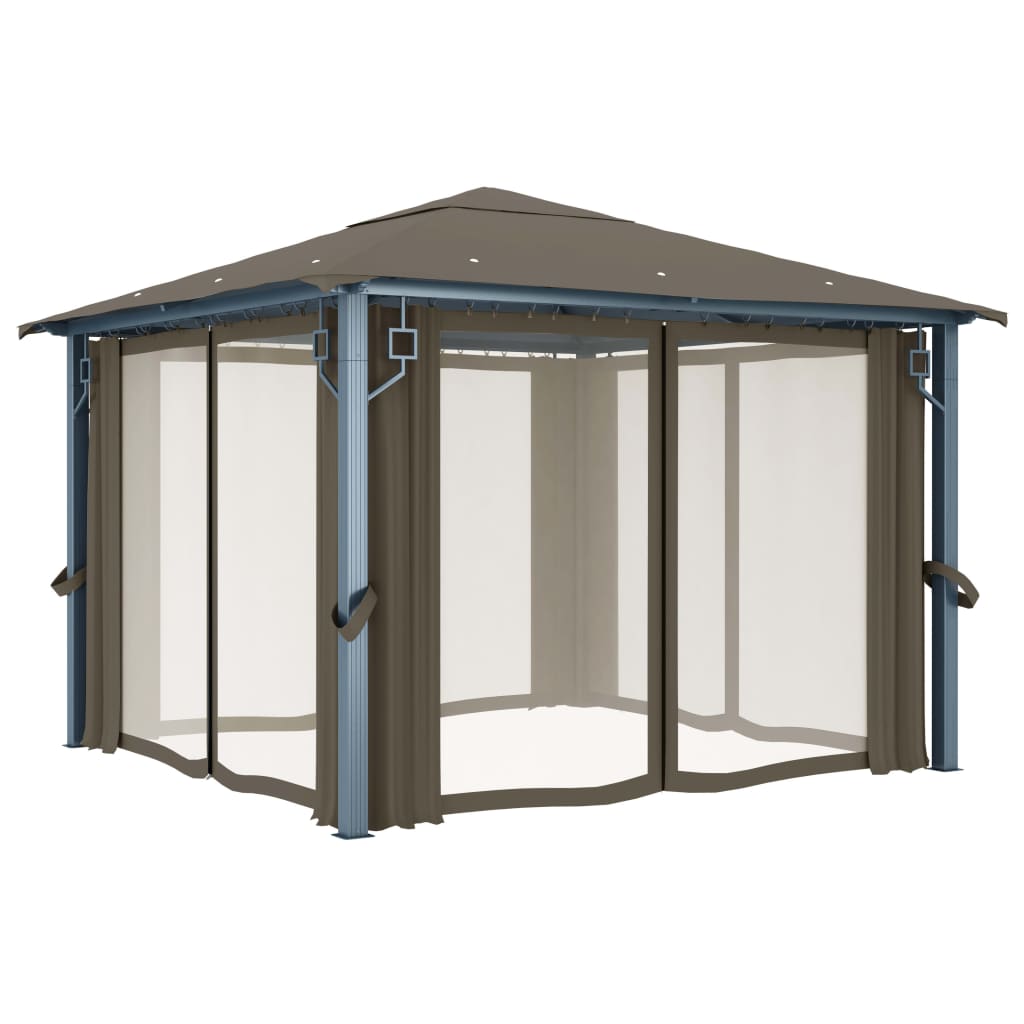 vidaXL Altana z zasłonami i lampkami LED, 3x3 m, taupe, aluminium