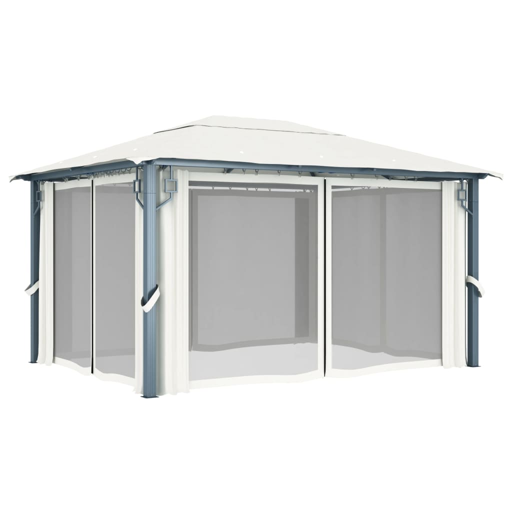 vidaXL Altana z zasłonami i lampkami LED, 4x3 m, kremowa, aluminium