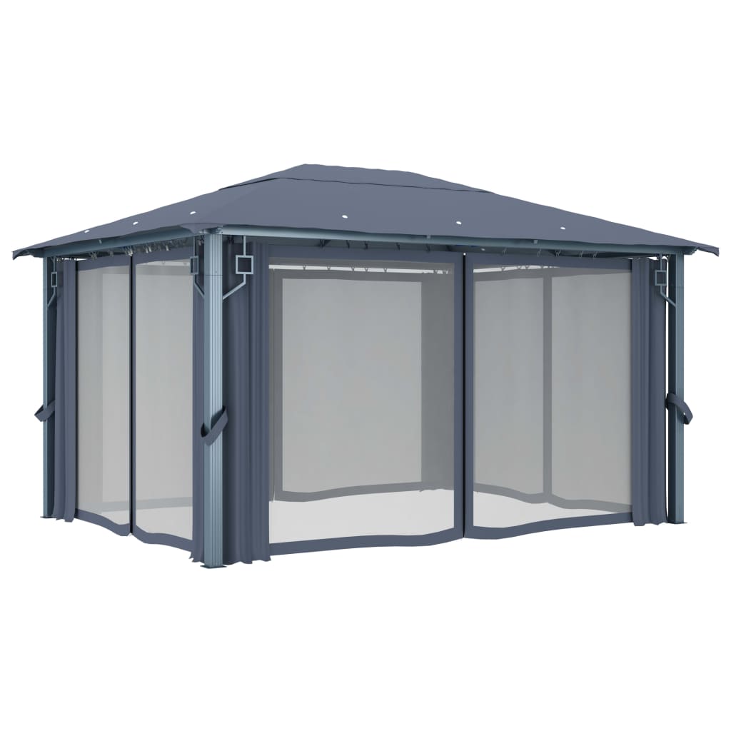 vidaXL Altana z zasłonami i lampkami LED, 4x3 m, antracyt, aluminiowa