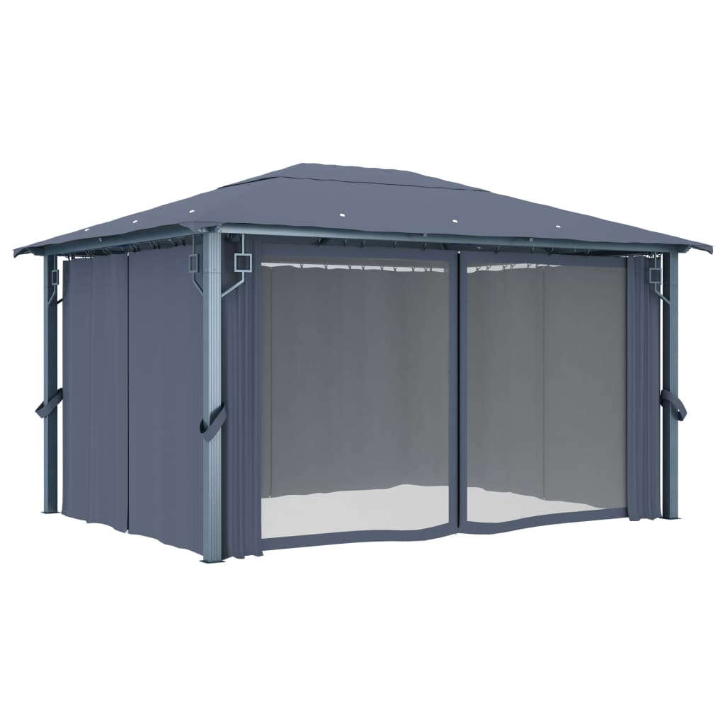 vidaXL Altana z zasłonami i lampkami LED, 4x3 m, antracyt, aluminiowa