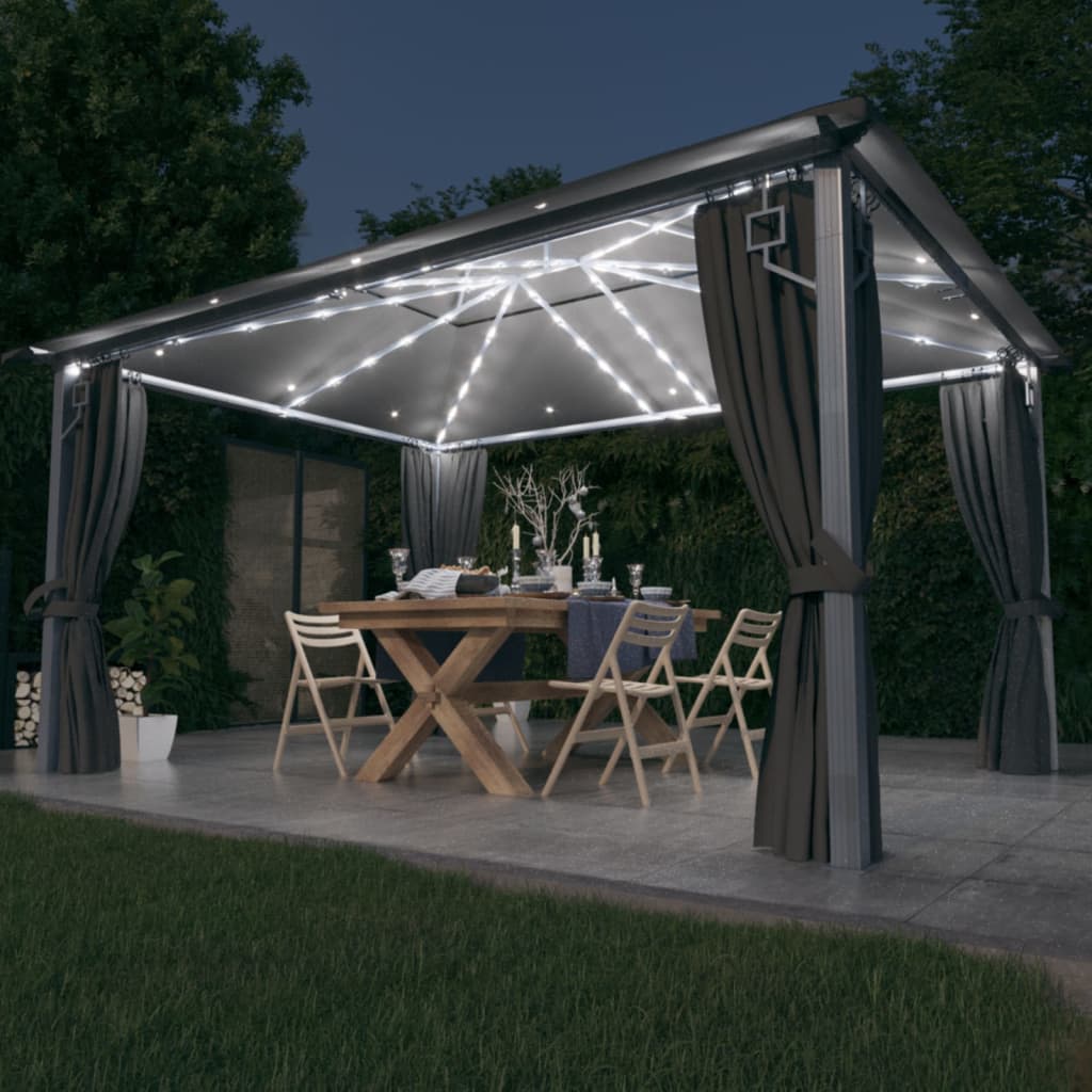 vidaXL Altana z zasłonami i lampkami LED, 4x3 m, antracyt, aluminiowa