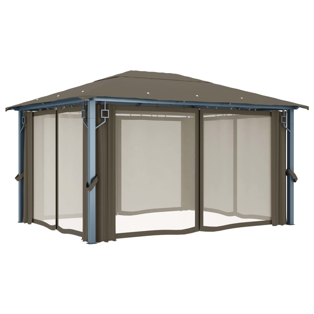 vidaXL Altana z zasłonami i lampkami LED, 4x3 m, taupe, aluminium