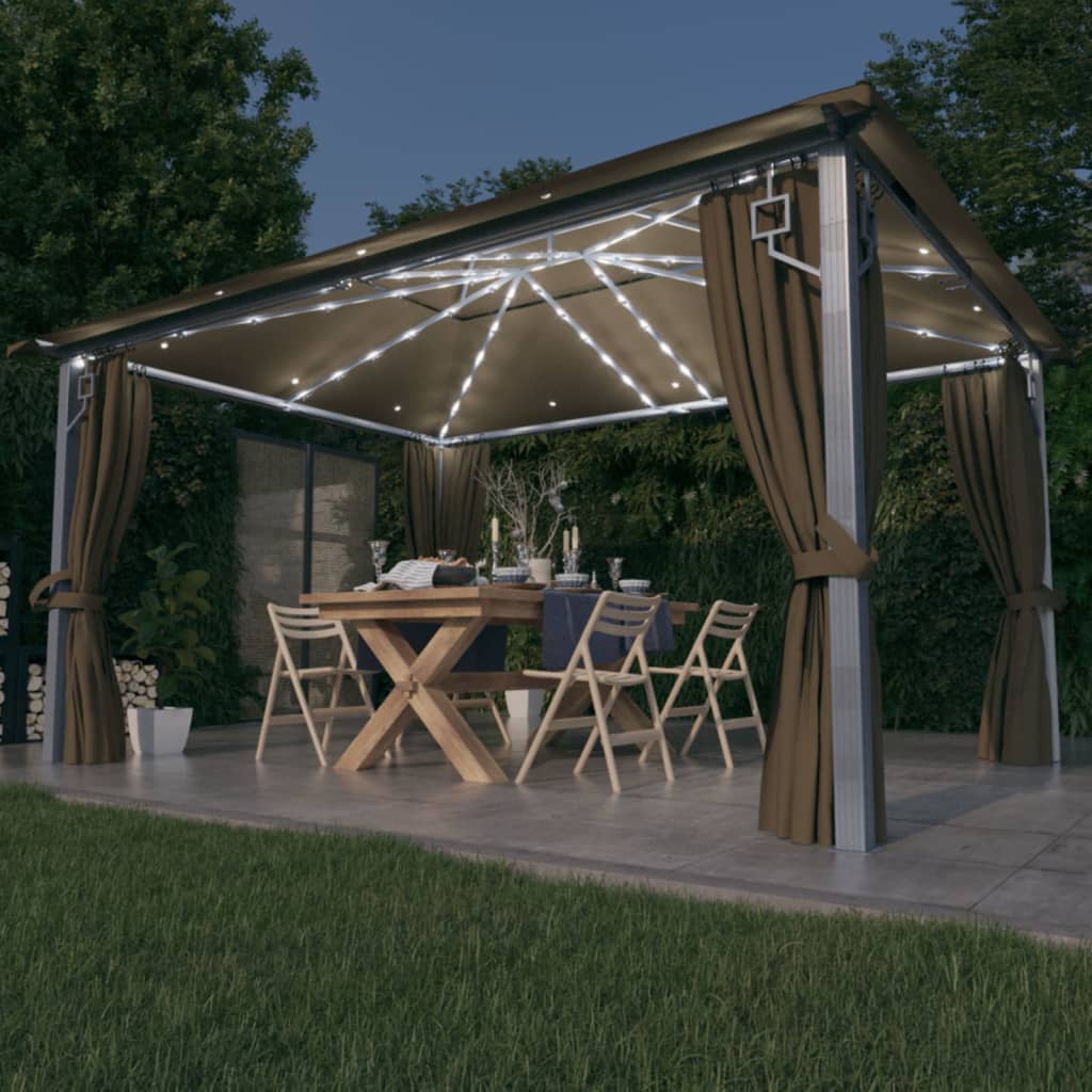 vidaXL Altana z zasłonami i lampkami LED, 4x3 m, taupe, aluminium