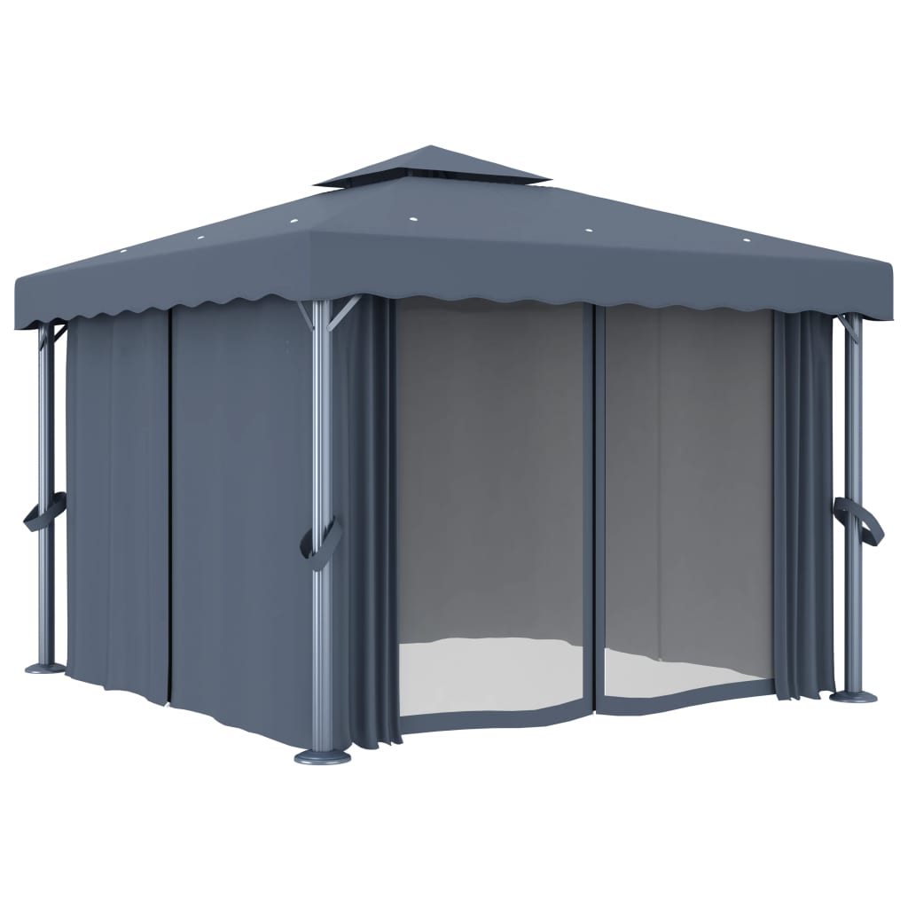 vidaXL Altana z zasłonami i sznurem lampek LED, 3x3 m, antracytowa