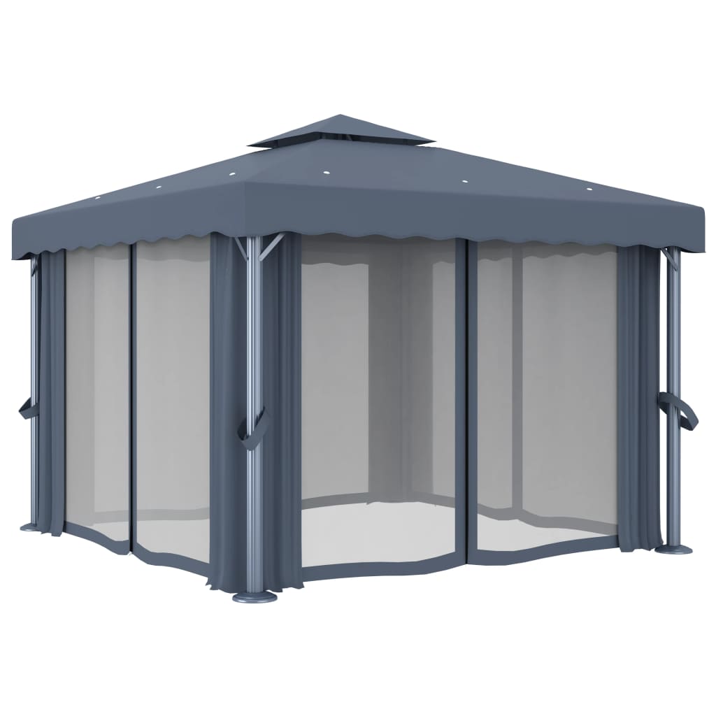 vidaXL Altana z zasłonami i sznurem lampek LED, 3x3 m, antracytowa