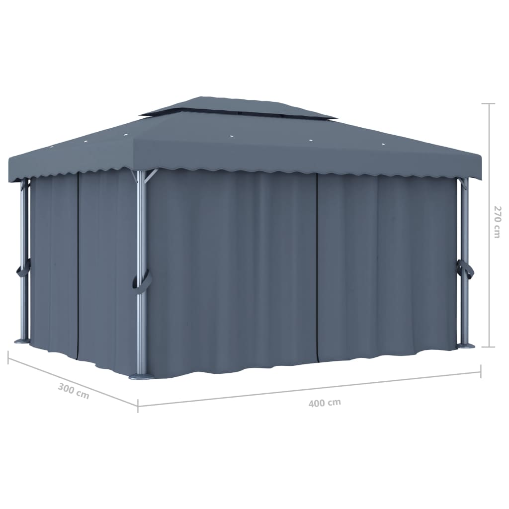 vidaXL Altana z zasłonami i sznurem lampek LED, 4x3 m, antracytowa