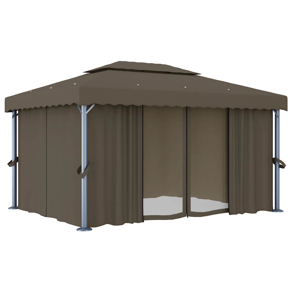 vidaXL Altana z zasłonami i lampkami LED, 4x3 m, kolor taupe