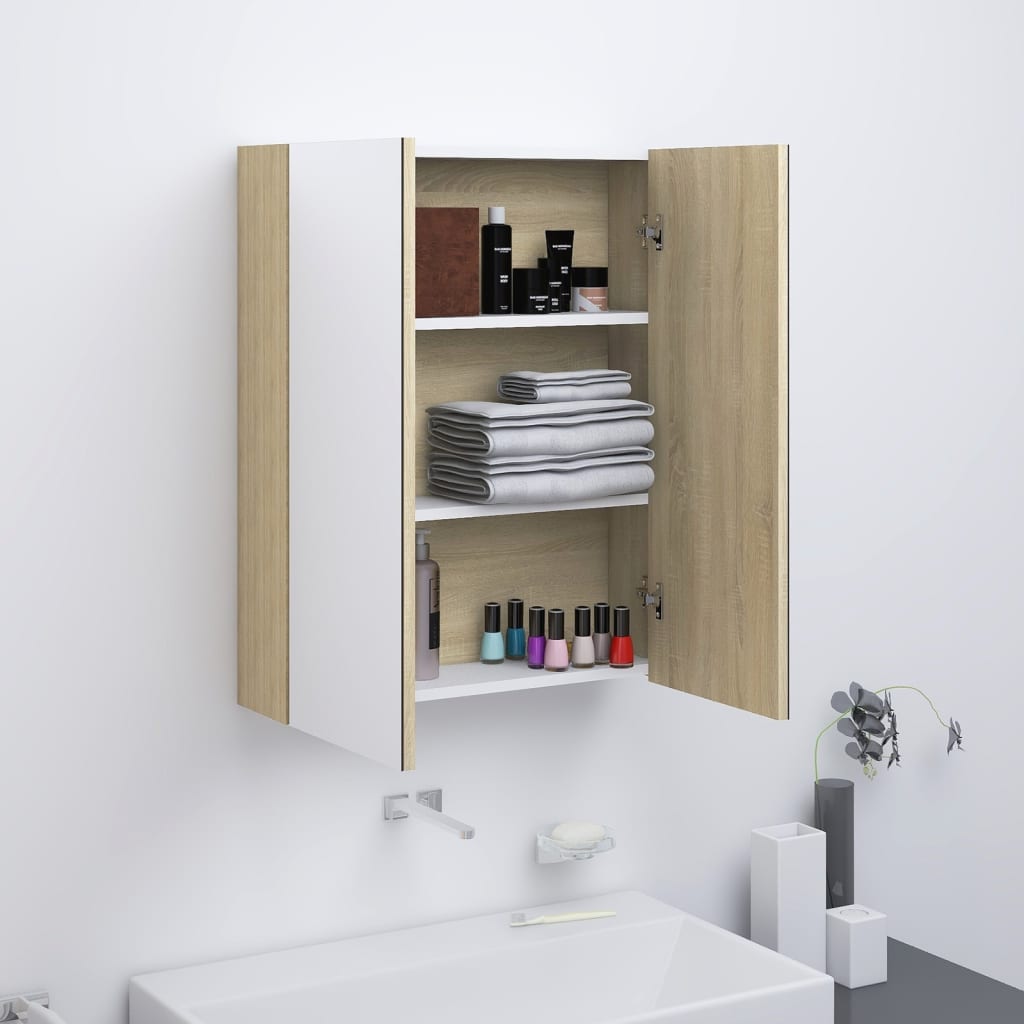 vidaXL Szafka łazienkowa z lustrem, 60x15x75 cm, MDF, biel i dąb