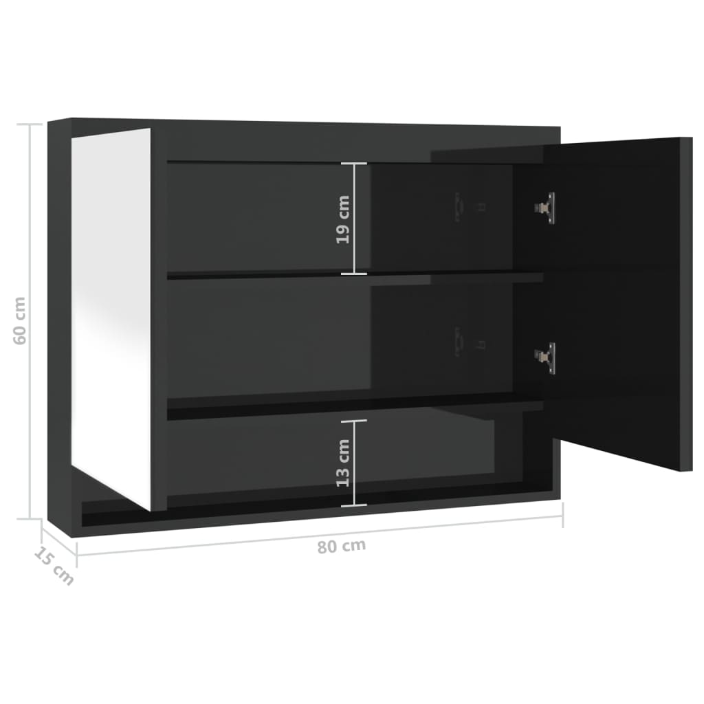 vidaXL Szafka łazienkowa z lustrem 80x15x60 cm, MDF, czerń z połyskiem