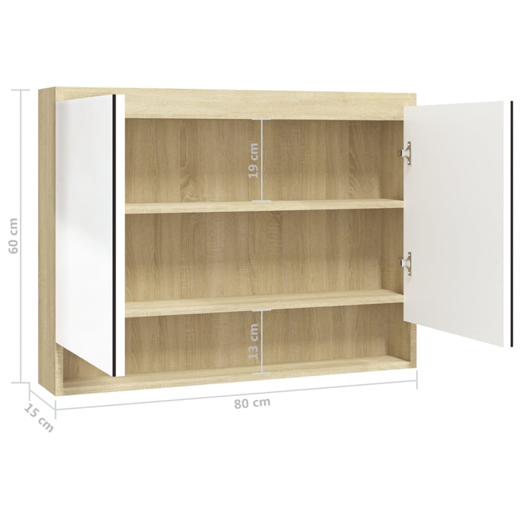 vidaXL Szafka łazienkowa z lustrem, 80x15x60 cm, MDF, biel i dąb
