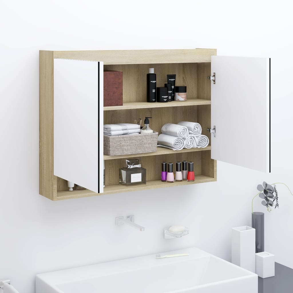 vidaXL Szafka łazienkowa z lustrem, 80x15x60 cm, MDF, biel i dąb
