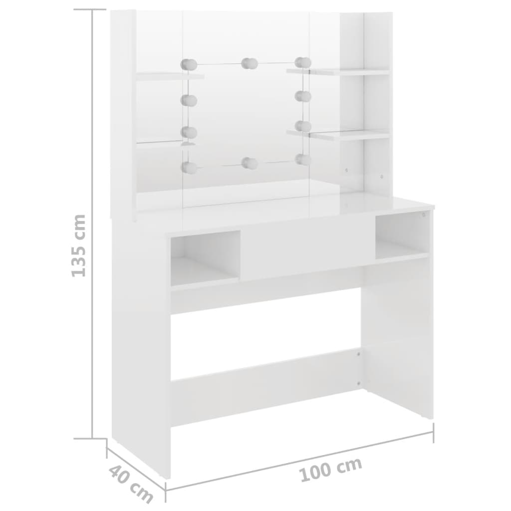 vidaXL Stolik do makijażu z LED, 100x40x135 cm, MDF, lśniący biały