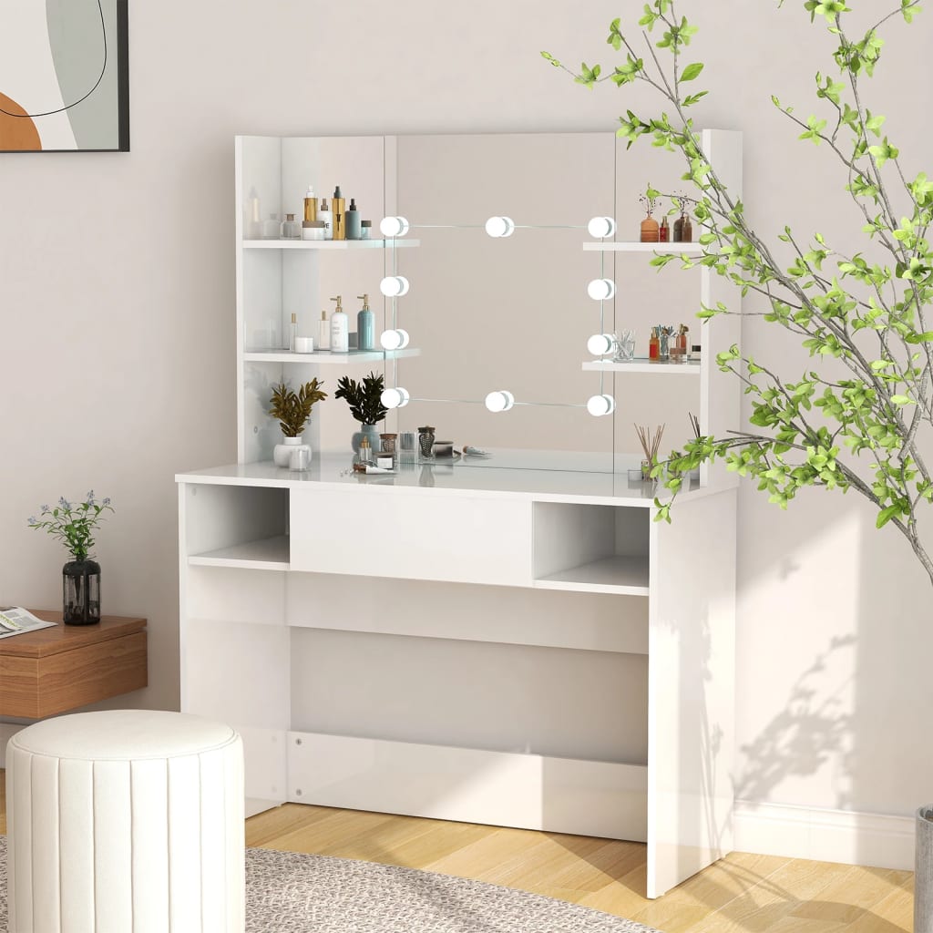 vidaXL Stolik do makijażu z LED, 100x40x135 cm, MDF, lśniący biały
