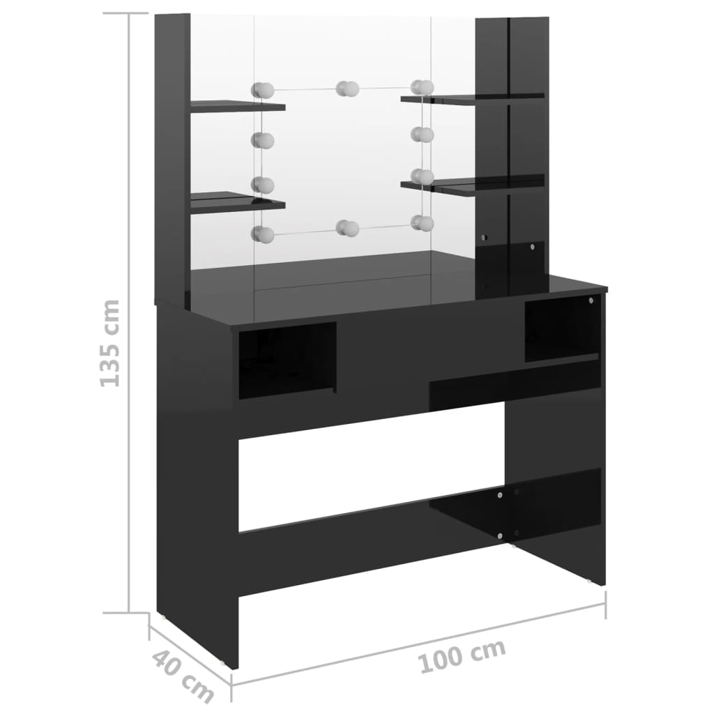 vidaXL Stolik do makijażu z LED, 100x40x135 cm, MDF, lśniący czarny