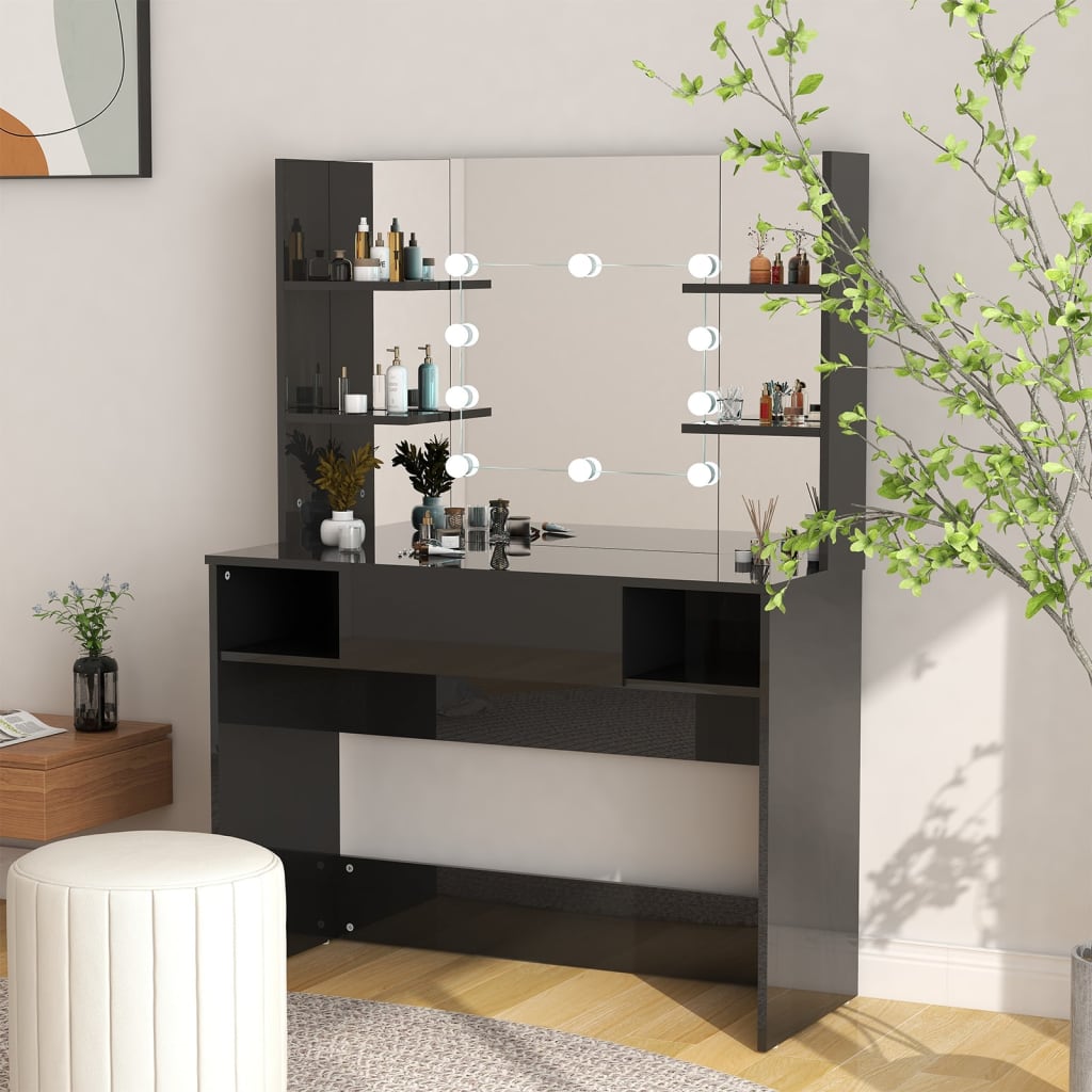 vidaXL Stolik do makijażu z LED, 100x40x135 cm, MDF, lśniący czarny