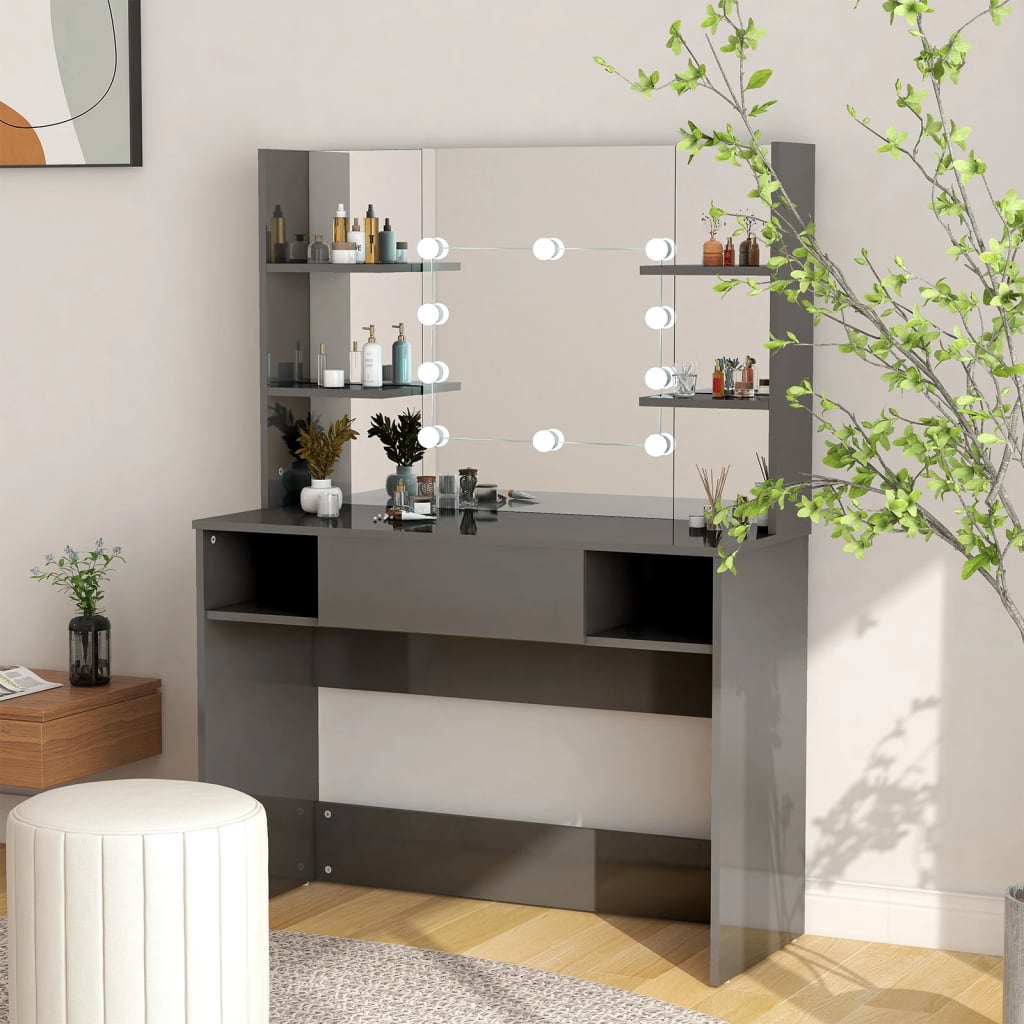vidaXL Stolik do makijażu z LED, 100x40x135 cm, MDF, lśniący szary