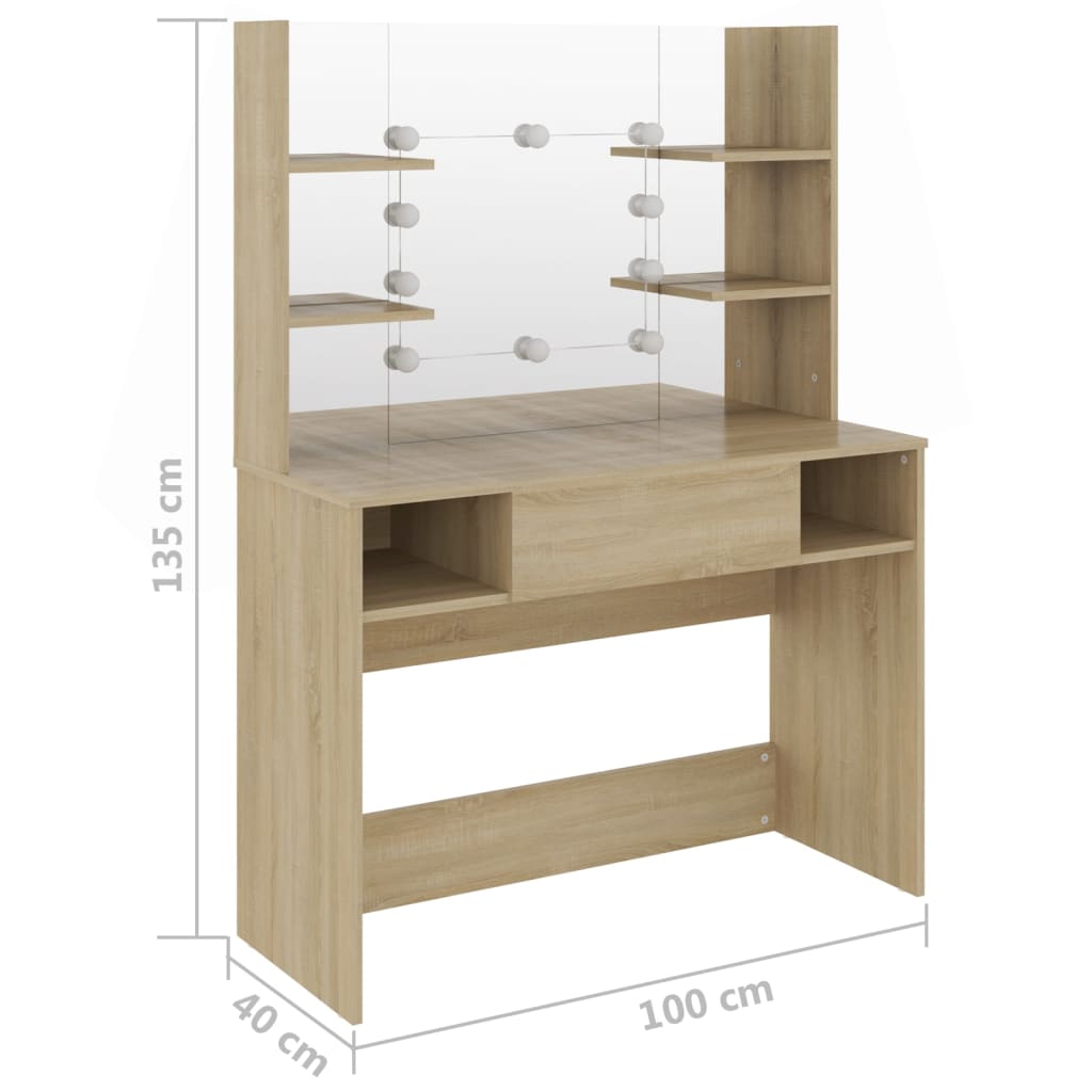 vidaXL Stolik do makijażu z LED, 100x40x135 cm, MDF, kolor dębowy