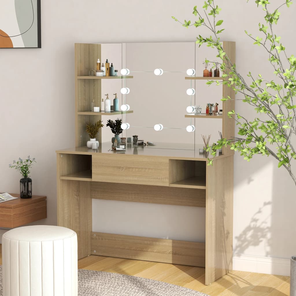 vidaXL Stolik do makijażu z LED, 100x40x135 cm, MDF, kolor dębowy